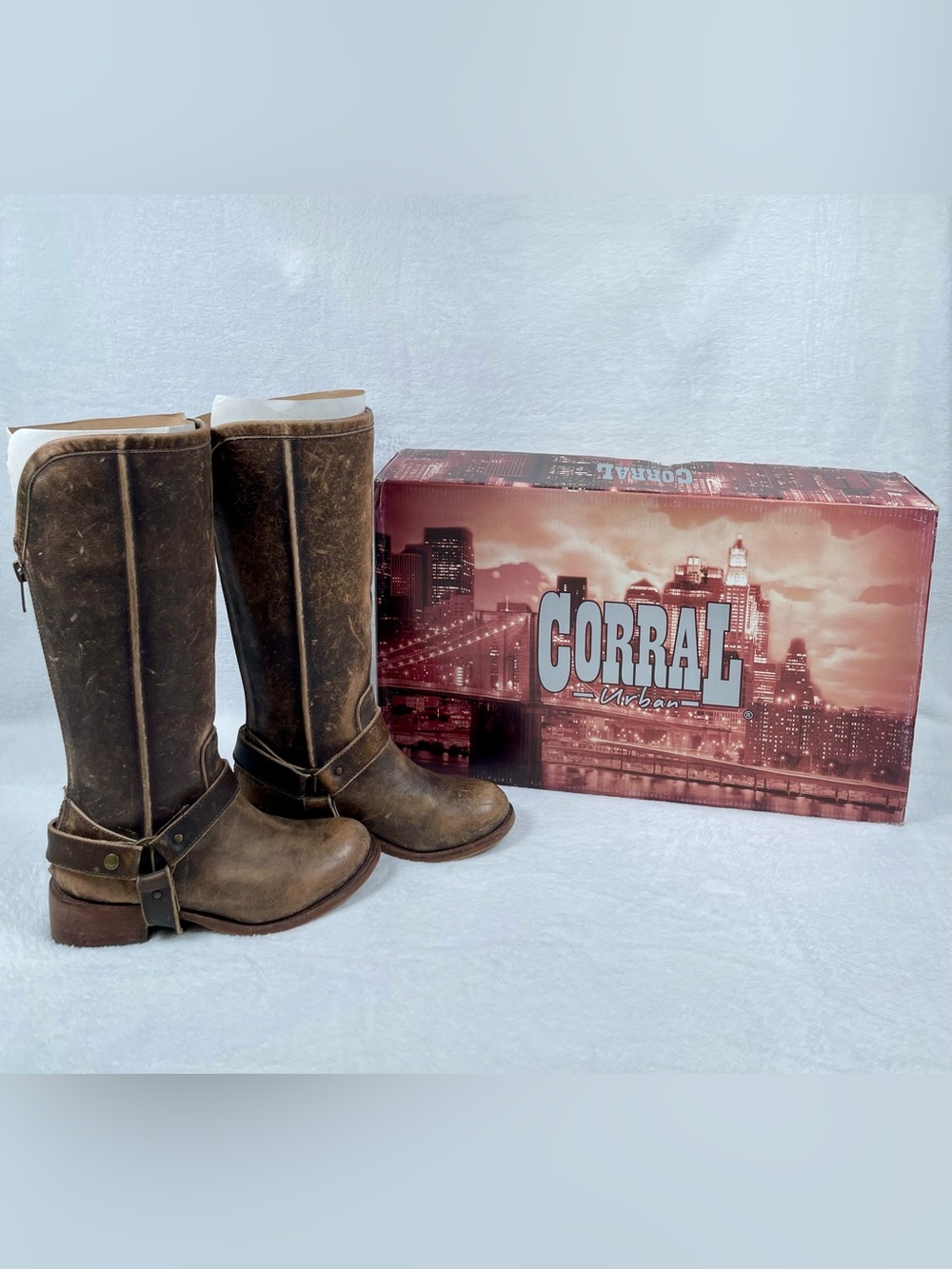 CORRAL Leather Harness Boots Sz 8.5 Womens Brown Distressed Tall Cowboy Boots
